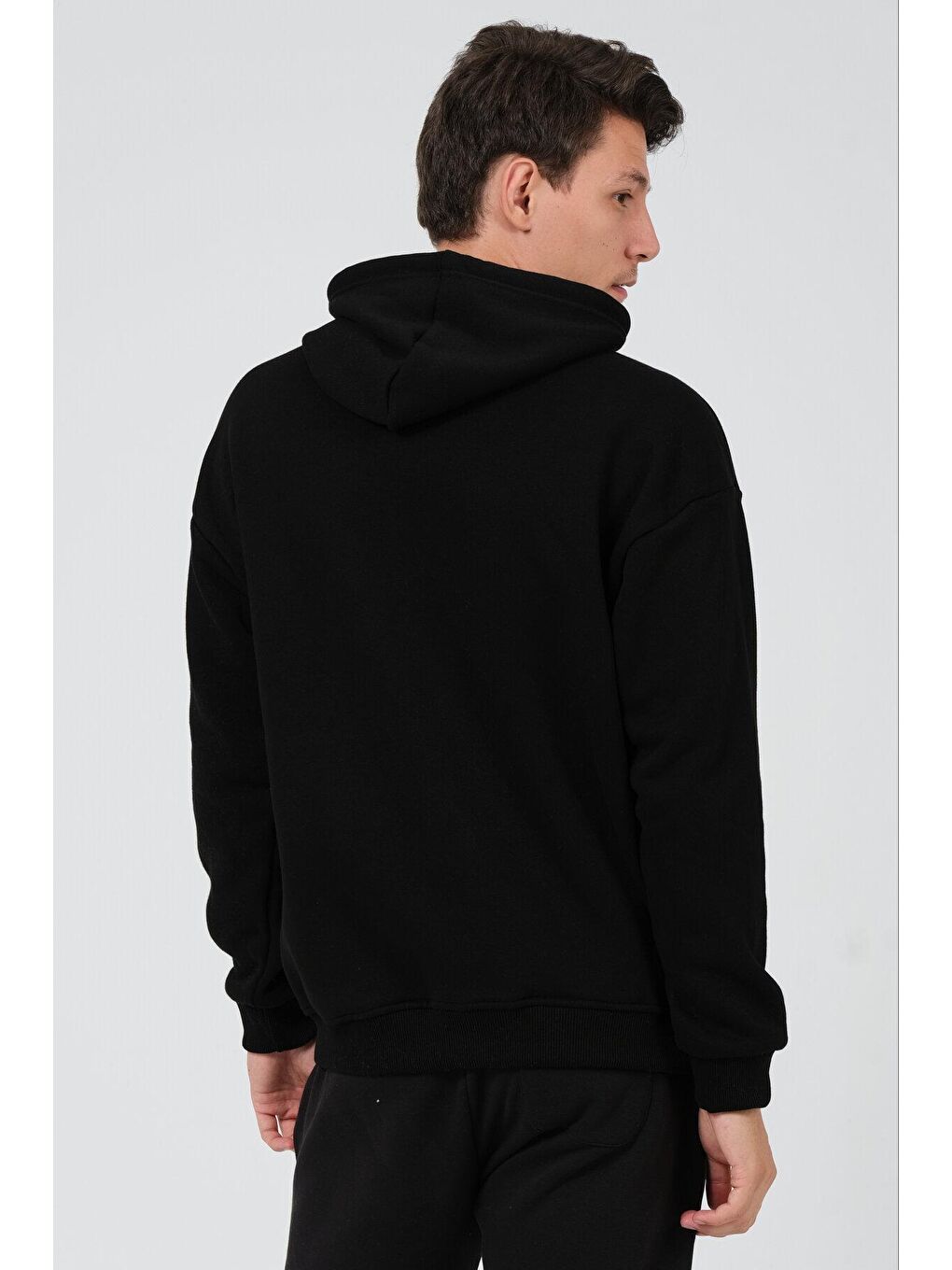 Siyah Oversize Fit Kapüşonlu Yaka Kanguru Cepli İçi Yumuşak Tüylü Baskılı  Erkek Hoodie RF0306-4