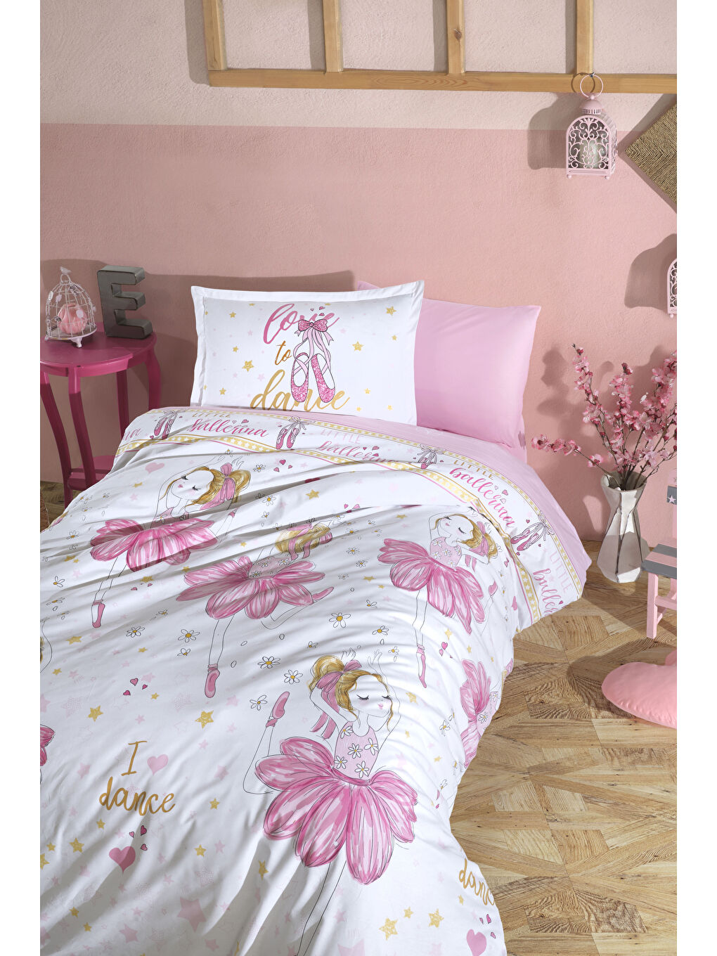 Pembe %100 Pamuk Nevresim Takımı Tek Kişilik Ballerina