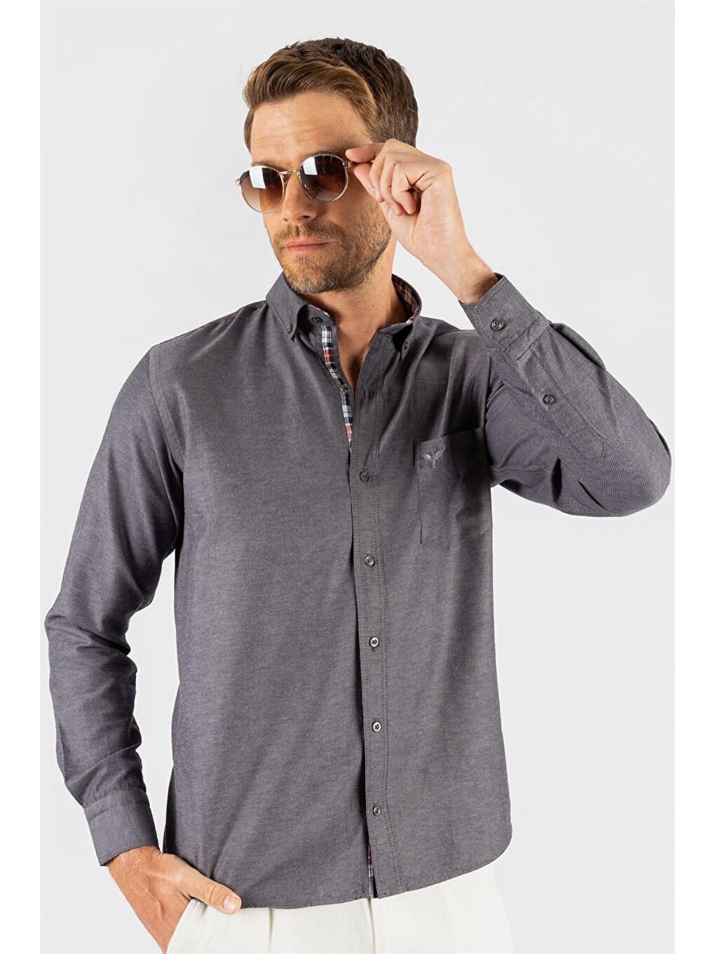Gri Klasik Fit Düğmeli Yaka Pamuklu Kolay Ütü Oxford Düz Erkek Gömlek
