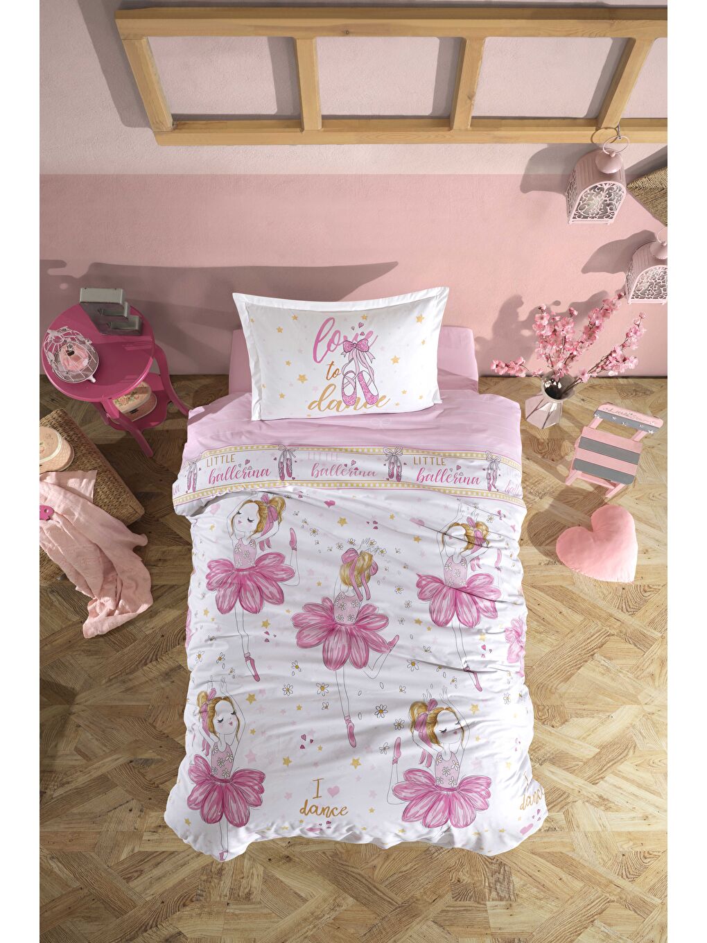 Pembe %100 Pamuk Nevresim Takımı Tek Kişilik Ballerina-1