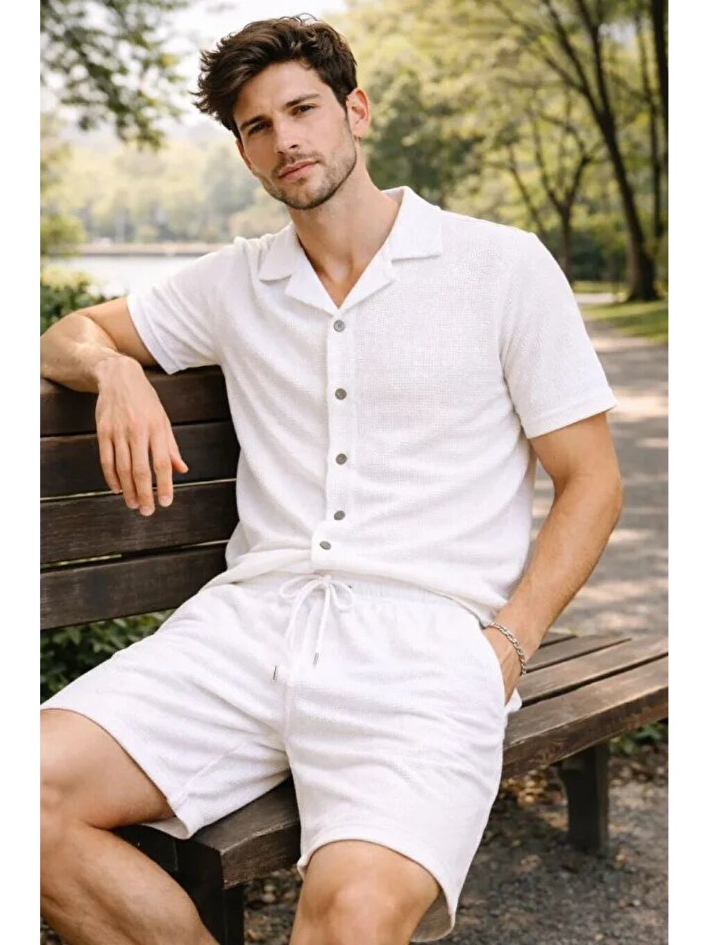 Erkek Waffle Kumaş Kısa Kollu Gömlek Şort Takım Regular Fit Yazlık İkili Set - Beyaz