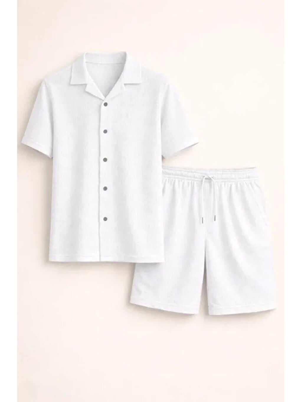 Erkek Waffle Kumaş Kısa Kollu Gömlek Şort Takım Regular Fit Yazlık İkili Set - Beyaz-1