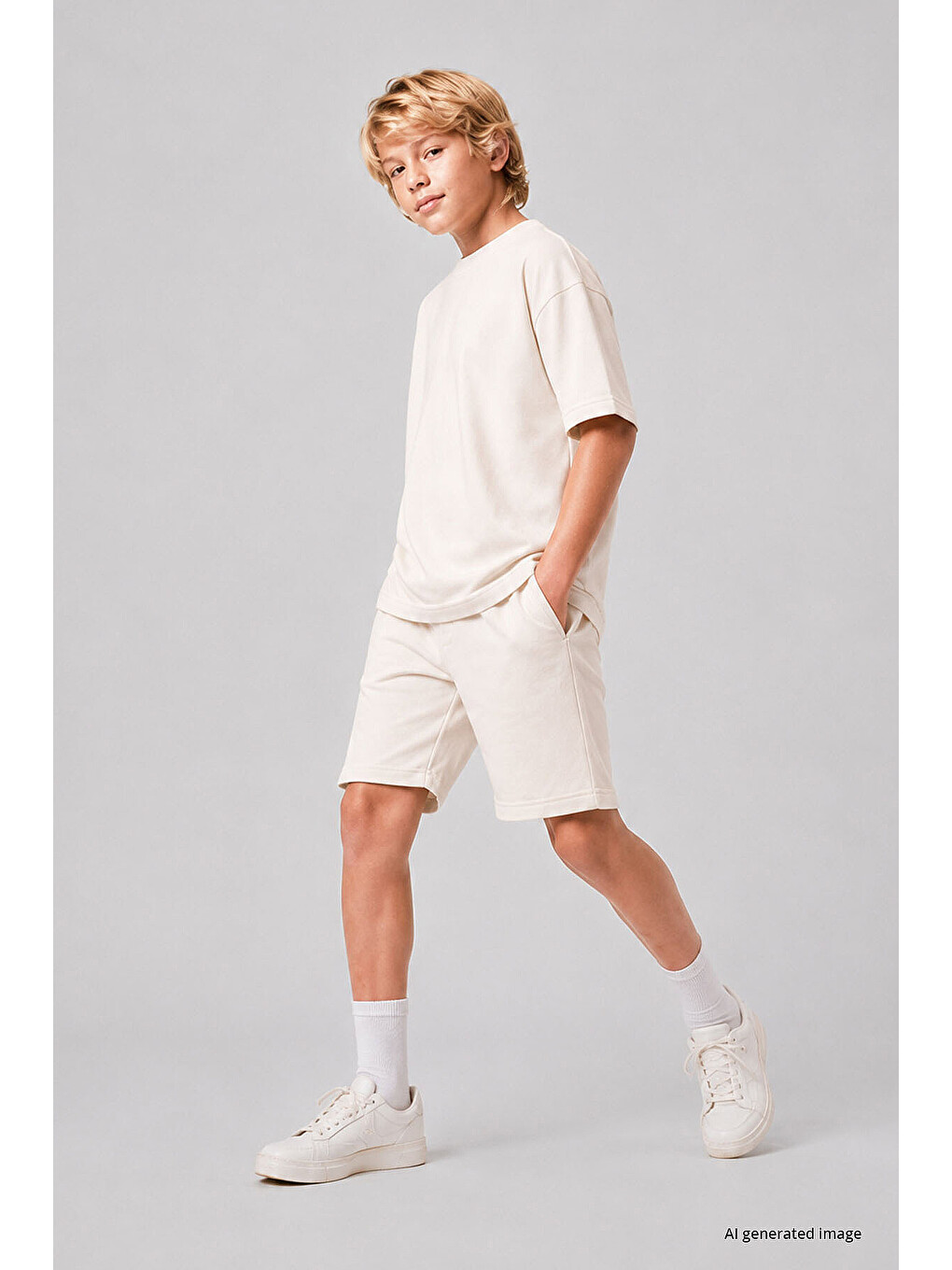 Ekru Oversize Fit Basic Erkek Çocuk Şort Takım - 11335-1