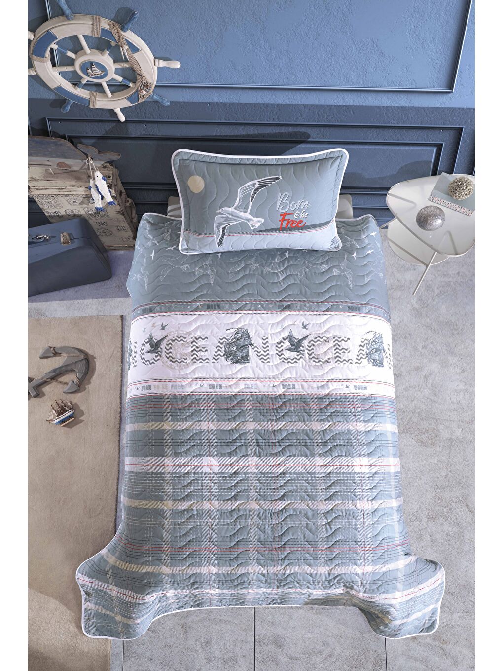 Mavi %100 Pamuk Tek Kişilik Yatak Örtüsü Seti Ocean