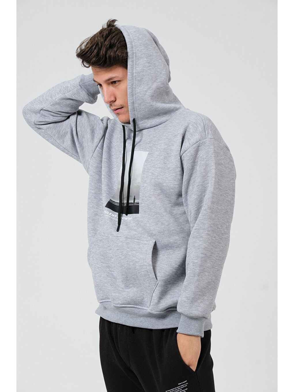 Gri Oversize Fit Kapüşonlu Yaka Kanguru Cepli İçi Yumuşak Tüylü Baskılı  Erkek Hoodie RF0306-2