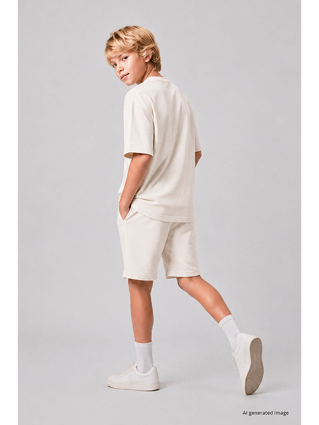 Ekru Oversize Fit Basic Erkek Çocuk Şort Takım - 11335-2