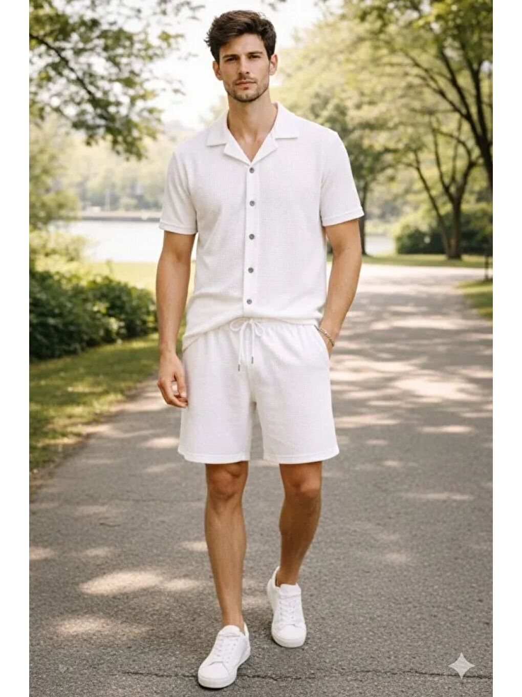 Erkek Waffle Kumaş Kısa Kollu Gömlek Şort Takım Regular Fit Yazlık İkili Set - Beyaz-2