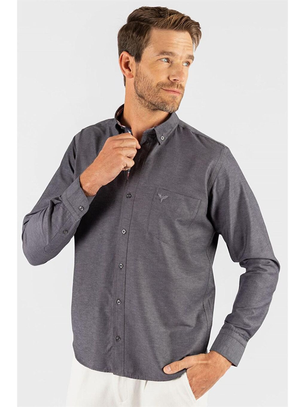 Gri Klasik Fit Düğmeli Yaka Pamuklu Kolay Ütü Oxford Düz Erkek Gömlek-1