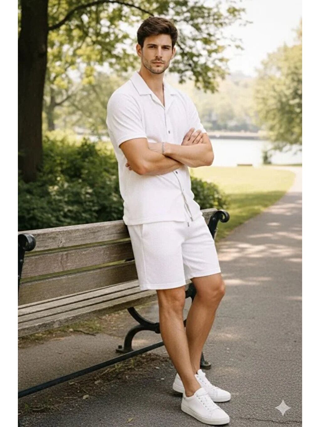 Erkek Waffle Kumaş Kısa Kollu Gömlek Şort Takım Regular Fit Yazlık İkili Set - Beyaz-3