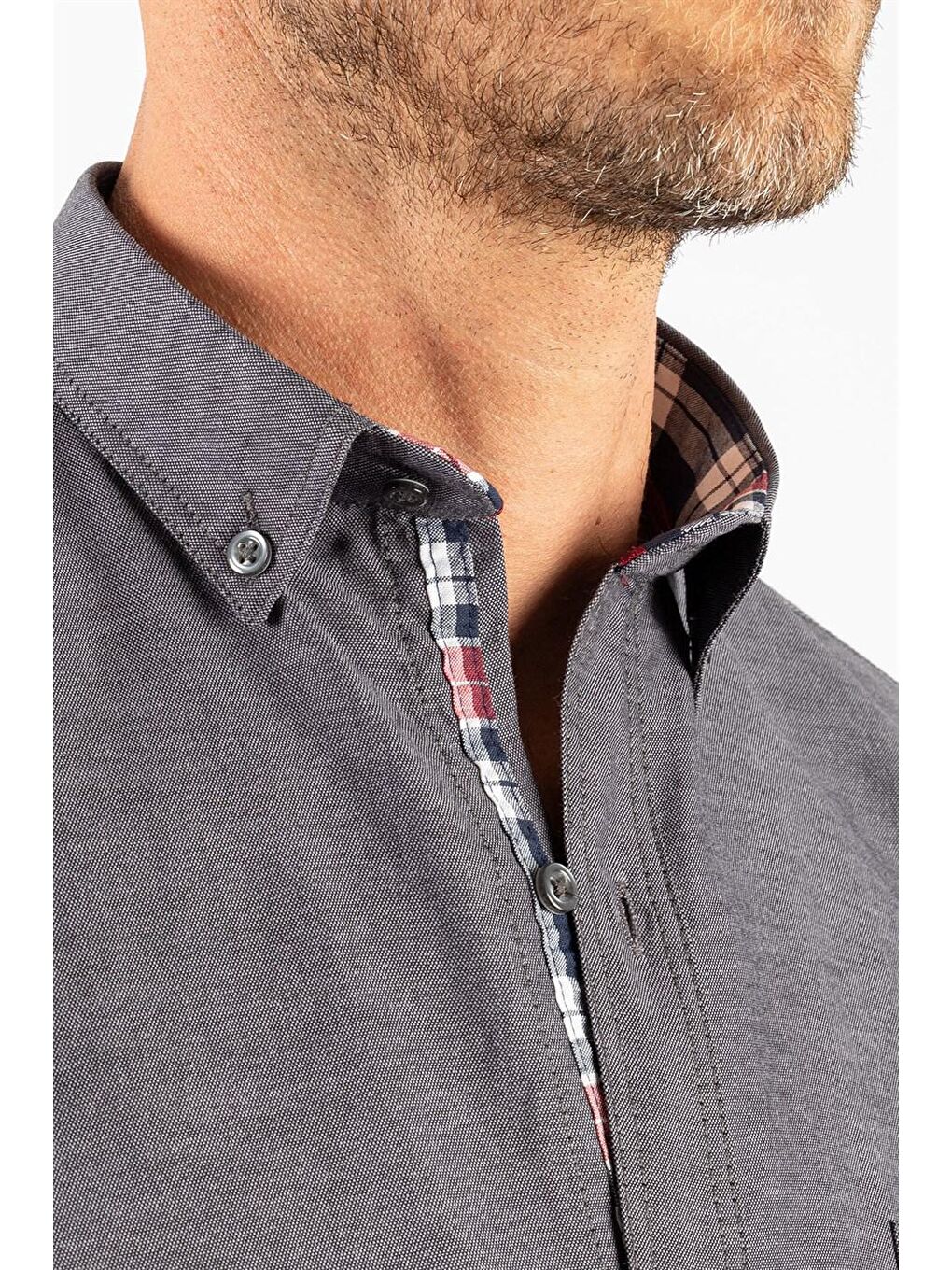 Gri Klasik Fit Düğmeli Yaka Pamuklu Kolay Ütü Oxford Düz Erkek Gömlek-2