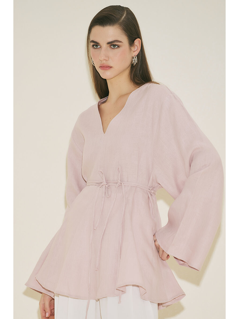 %100 Keten Volümlü Tunik Pembe-4