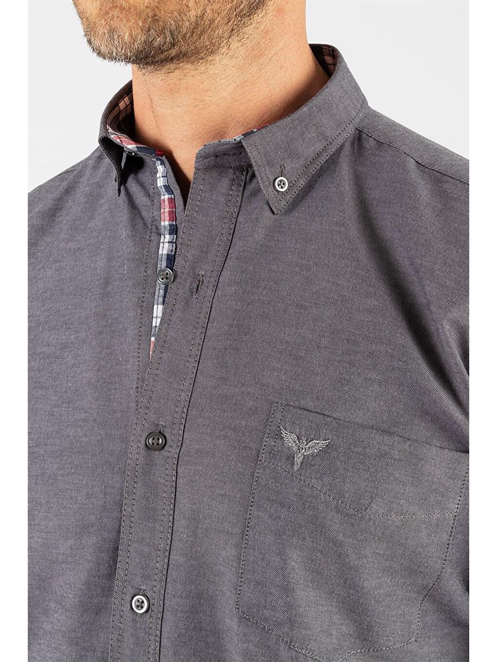 Gri Klasik Fit Düğmeli Yaka Pamuklu Kolay Ütü Oxford Düz Erkek Gömlek-3