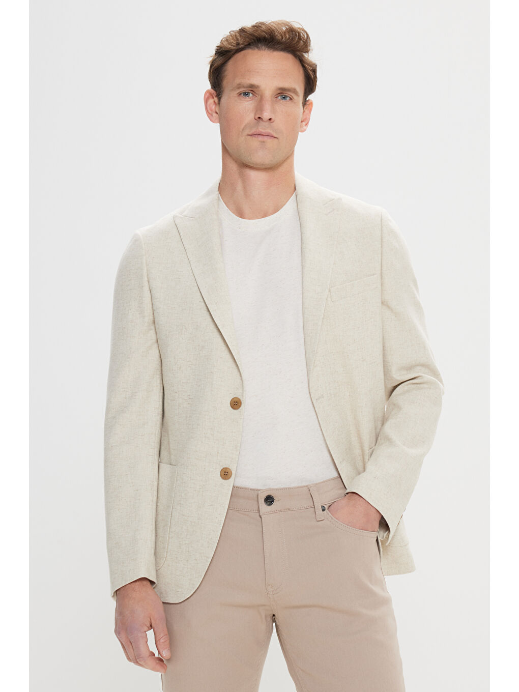 Erkek Bej Slim Fit Dar Kesim Kırlangıç Yaka Casual Blazer Ceket