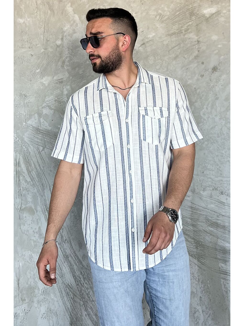 Lacivert Erkek Çift Cepli Çizgili Kısa Kol Gömlek-1