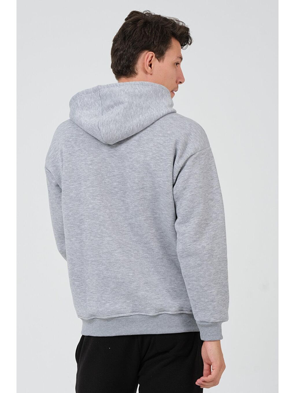 Gri Oversize Fit Kapüşonlu Yaka Kanguru Cepli İçi Yumuşak Tüylü Baskılı  Erkek Hoodie RF0306-4
