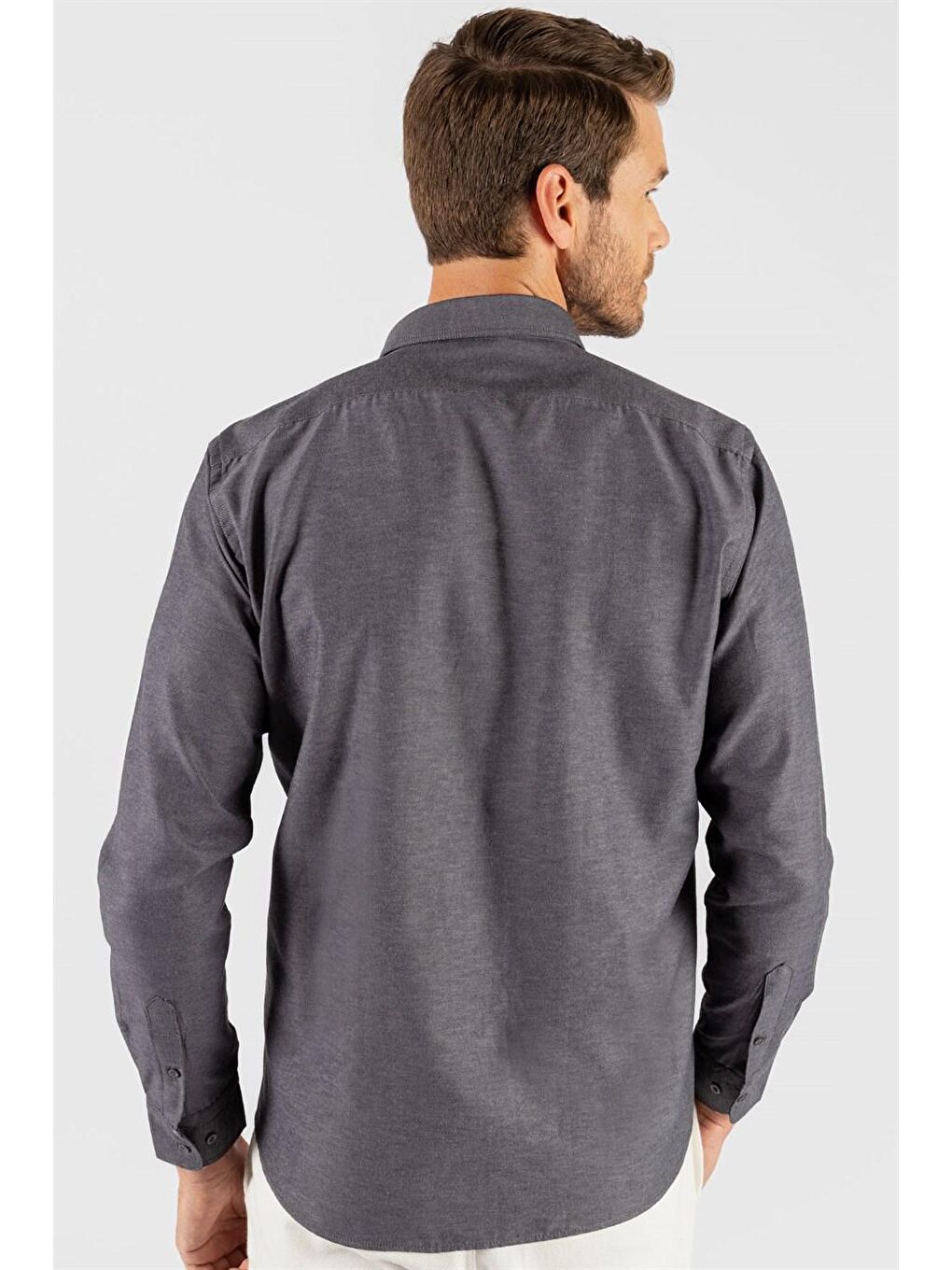 Gri Klasik Fit Düğmeli Yaka Pamuklu Kolay Ütü Oxford Düz Erkek Gömlek-4