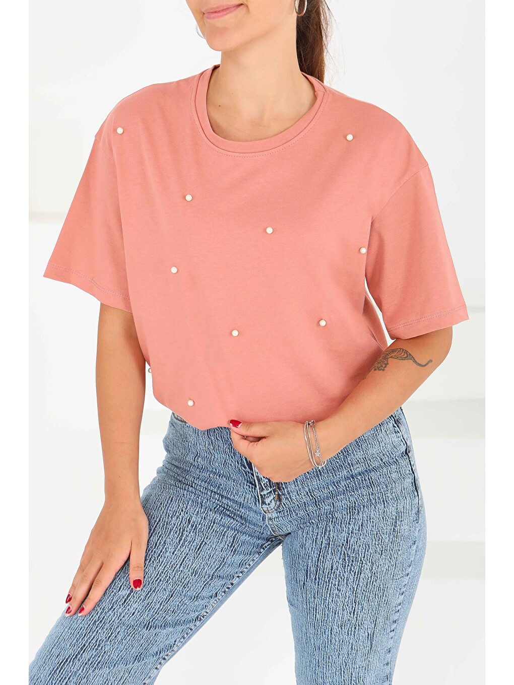 Pembe İncili Kısa Kollu T-Şhirt Gül - 27544-2