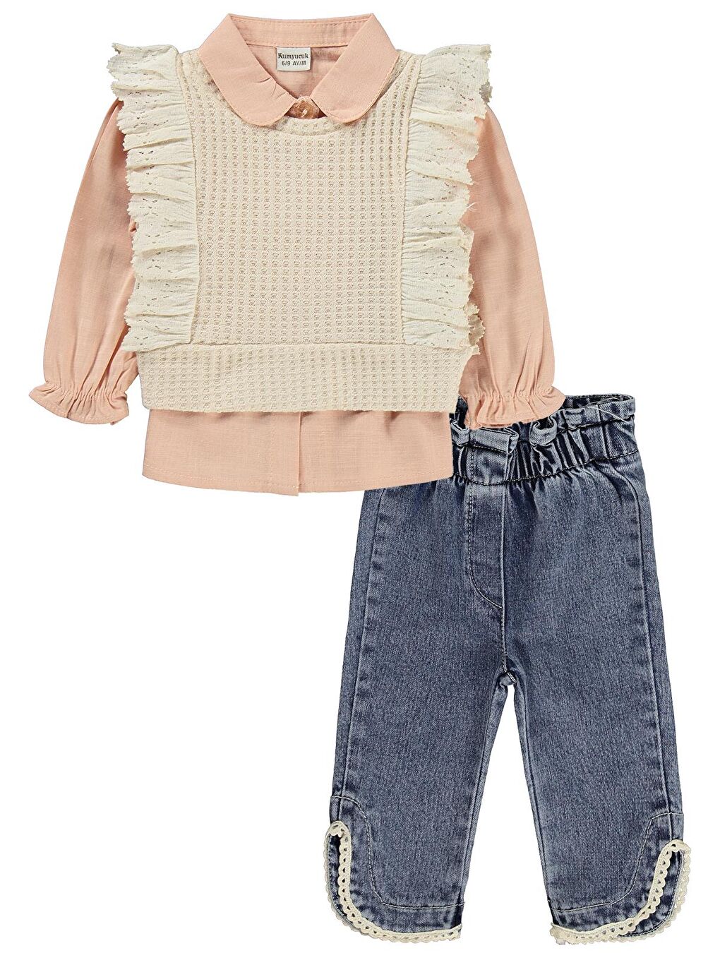 Pembe Fırfır Süeterli 3 Lü Jean 6-18 Ay Takım