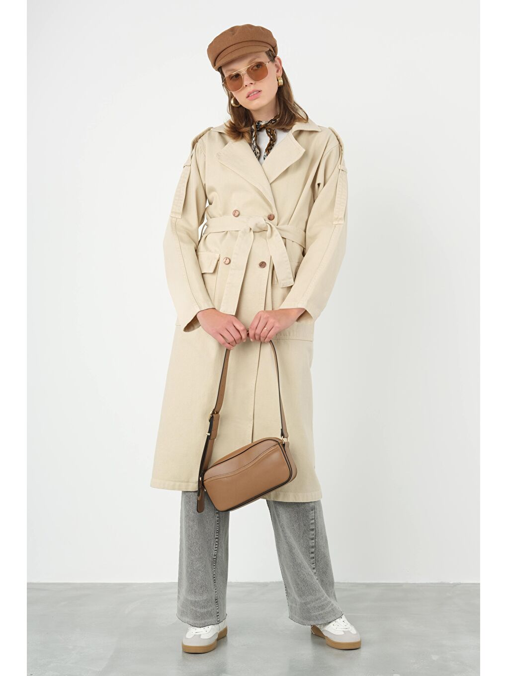 Denim Trençkot Uzun Bej-1