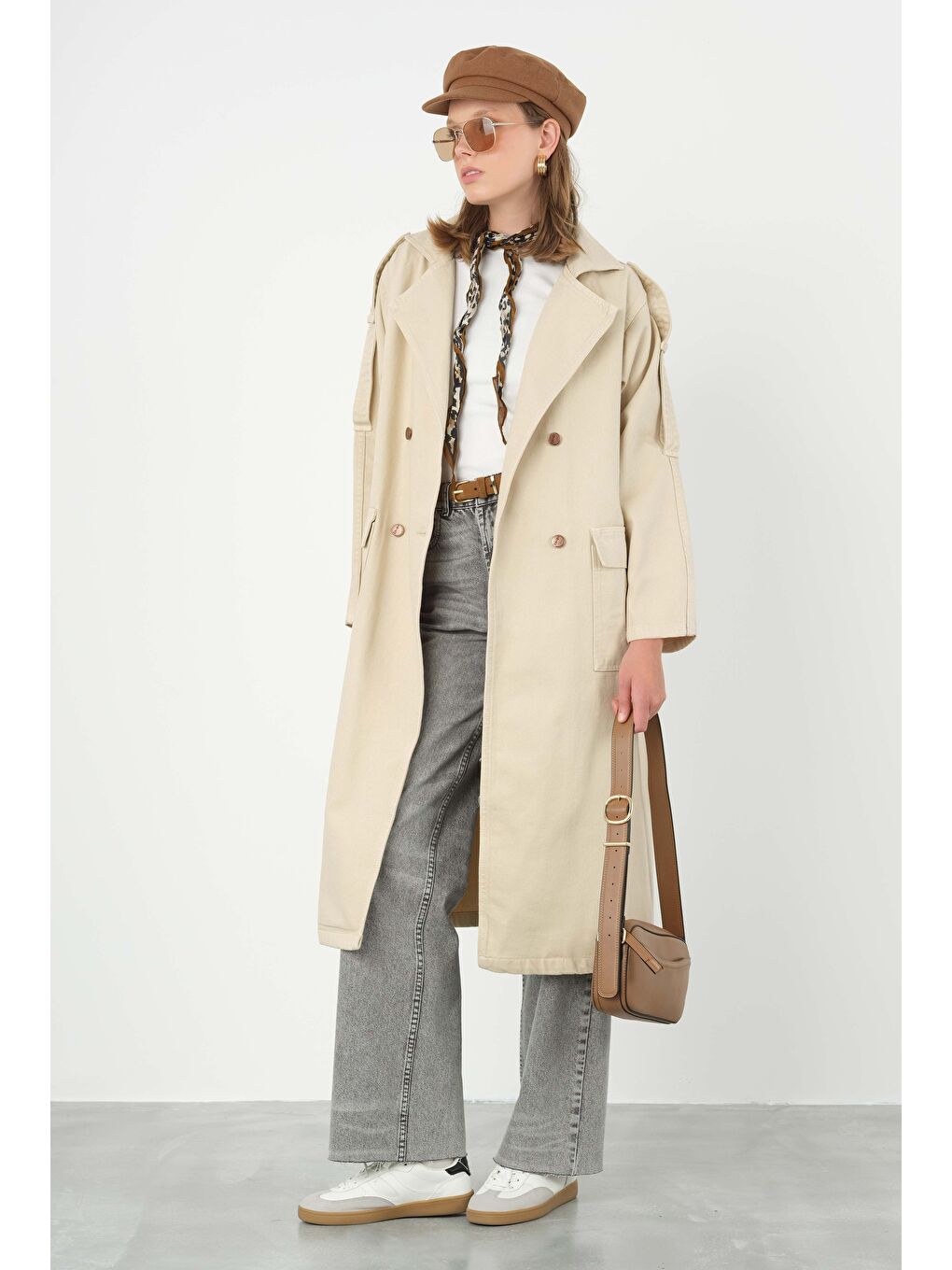Denim Trençkot Uzun Bej-2