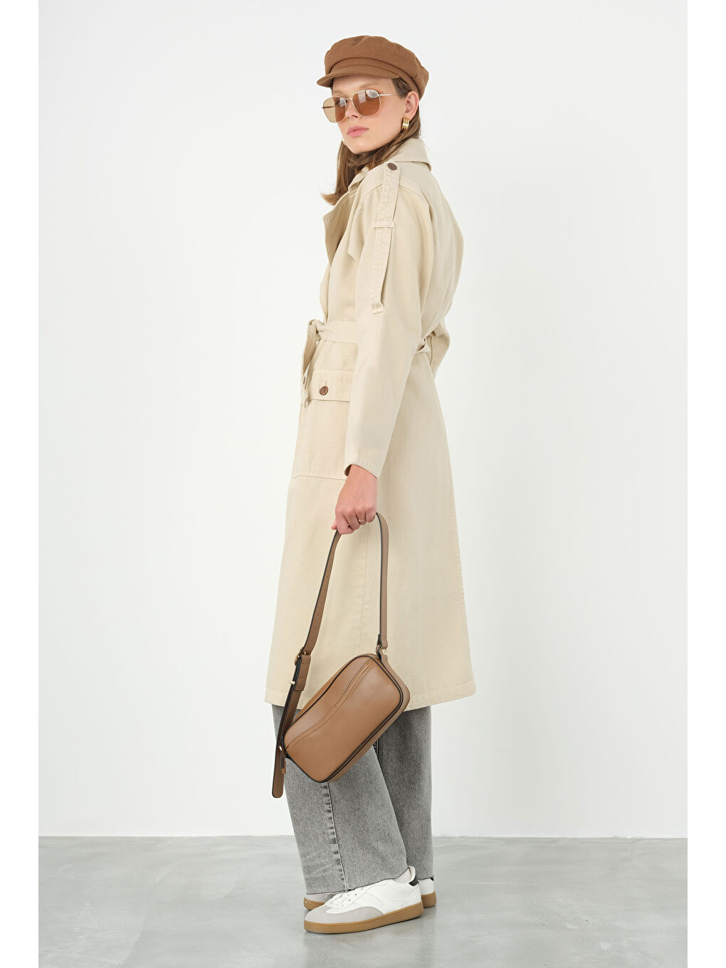 Denim Trençkot Uzun Bej-4