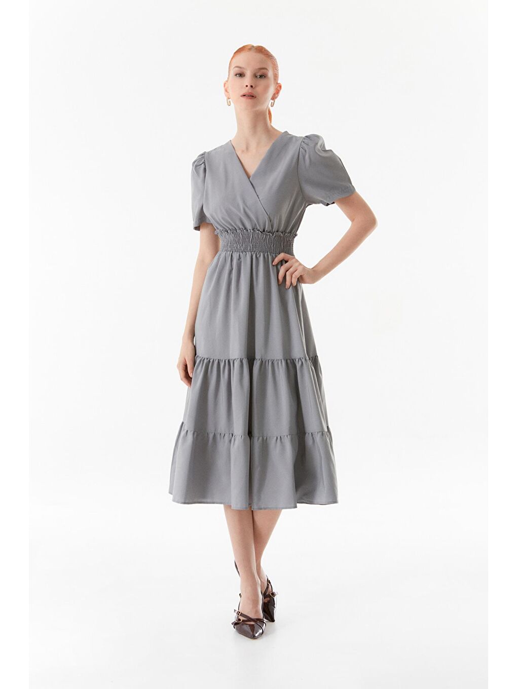 Gri Kruvaze Yaka Beli Lastikli Elbise-1