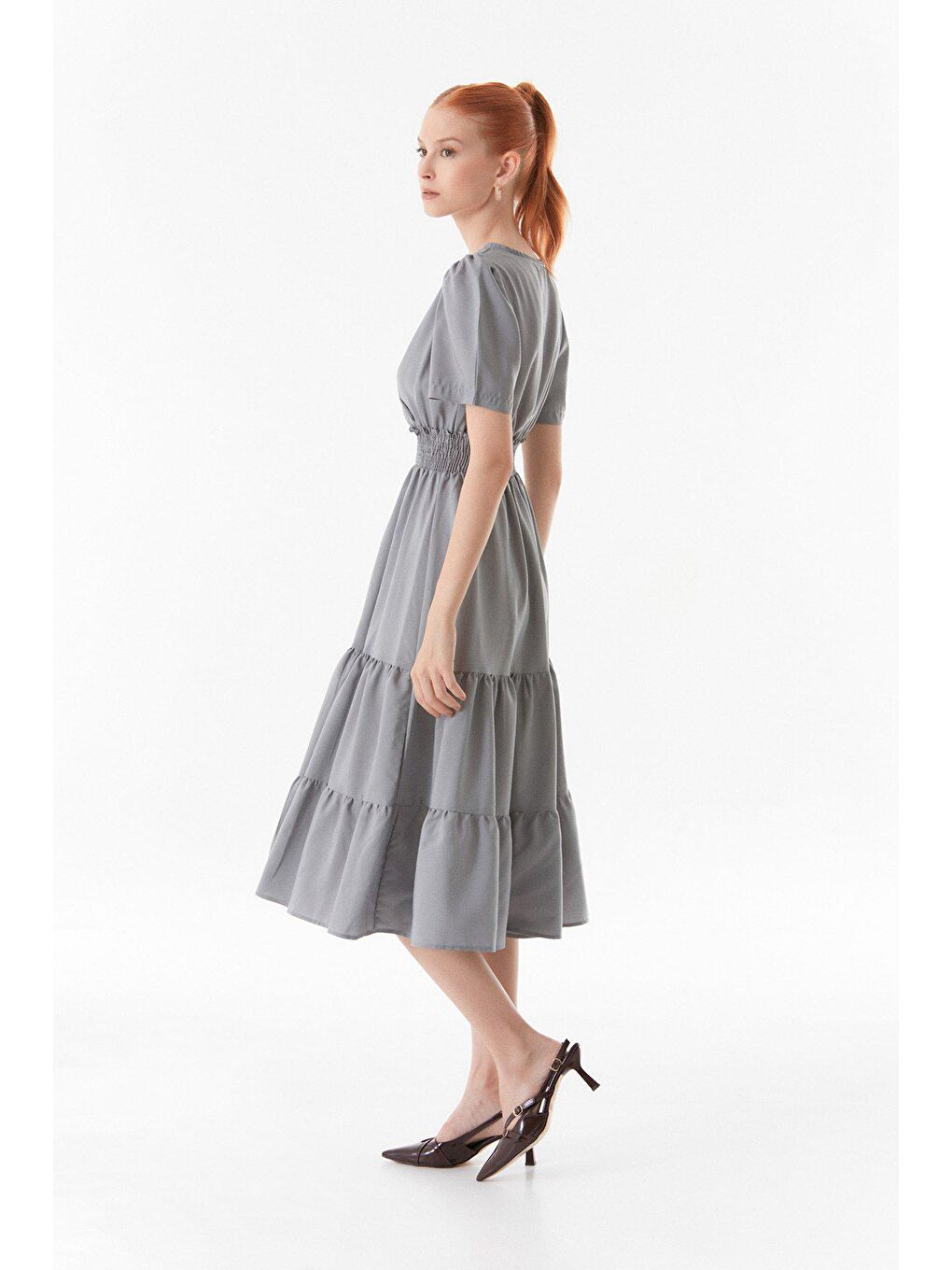 Gri Kruvaze Yaka Beli Lastikli Elbise-2