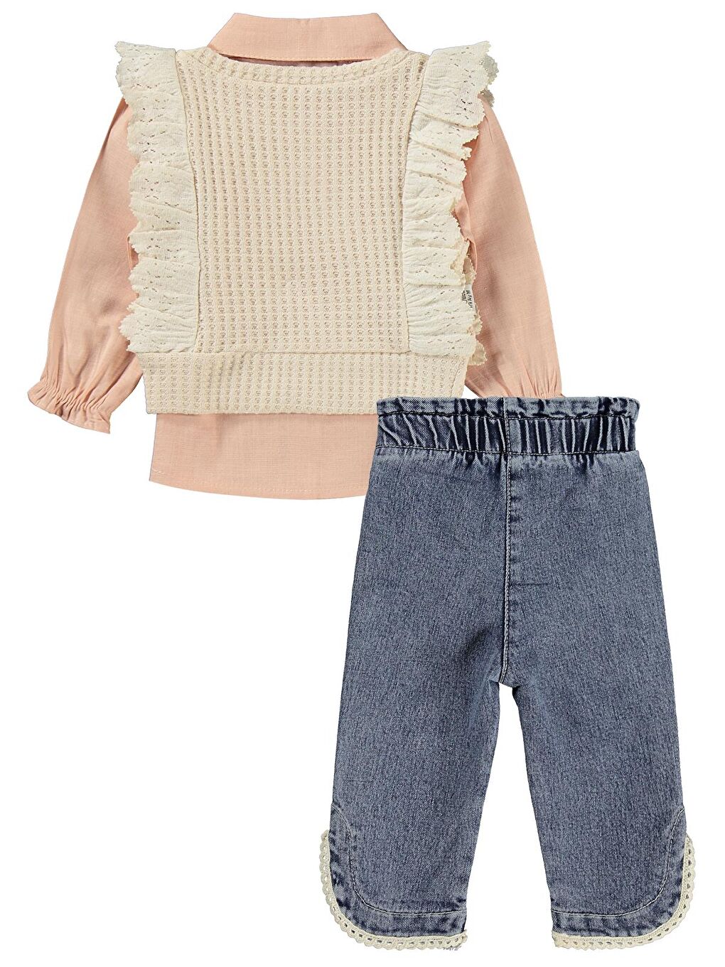 Pembe Fırfır Süeterli 3 Lü Jean 6-18 Ay Takım-1
