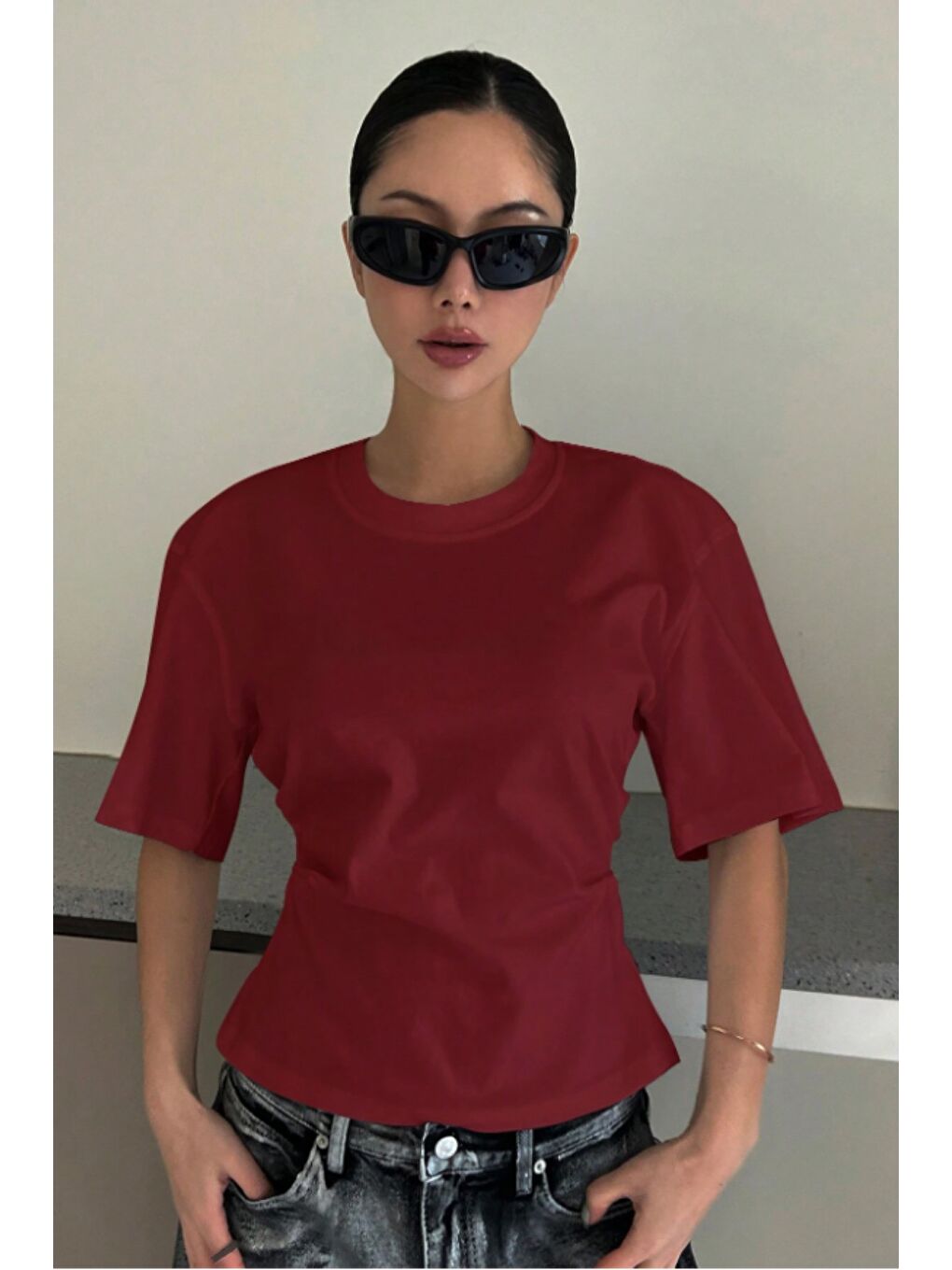 Bordo Kadın Kısa Kollu Sırt Dekolteli Slim Fit Bluz/T-Shirt