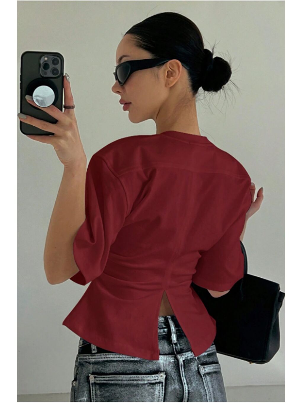 Bordo Kadın Kısa Kollu Sırt Dekolteli Slim Fit Bluz/T-Shirt-1