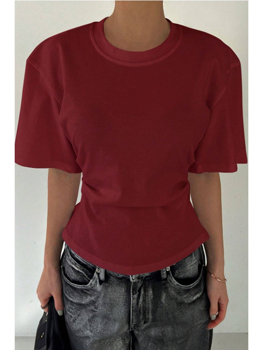 Bordo Kadın Kısa Kollu Sırt Dekolteli Slim Fit Bluz/T-Shirt-2