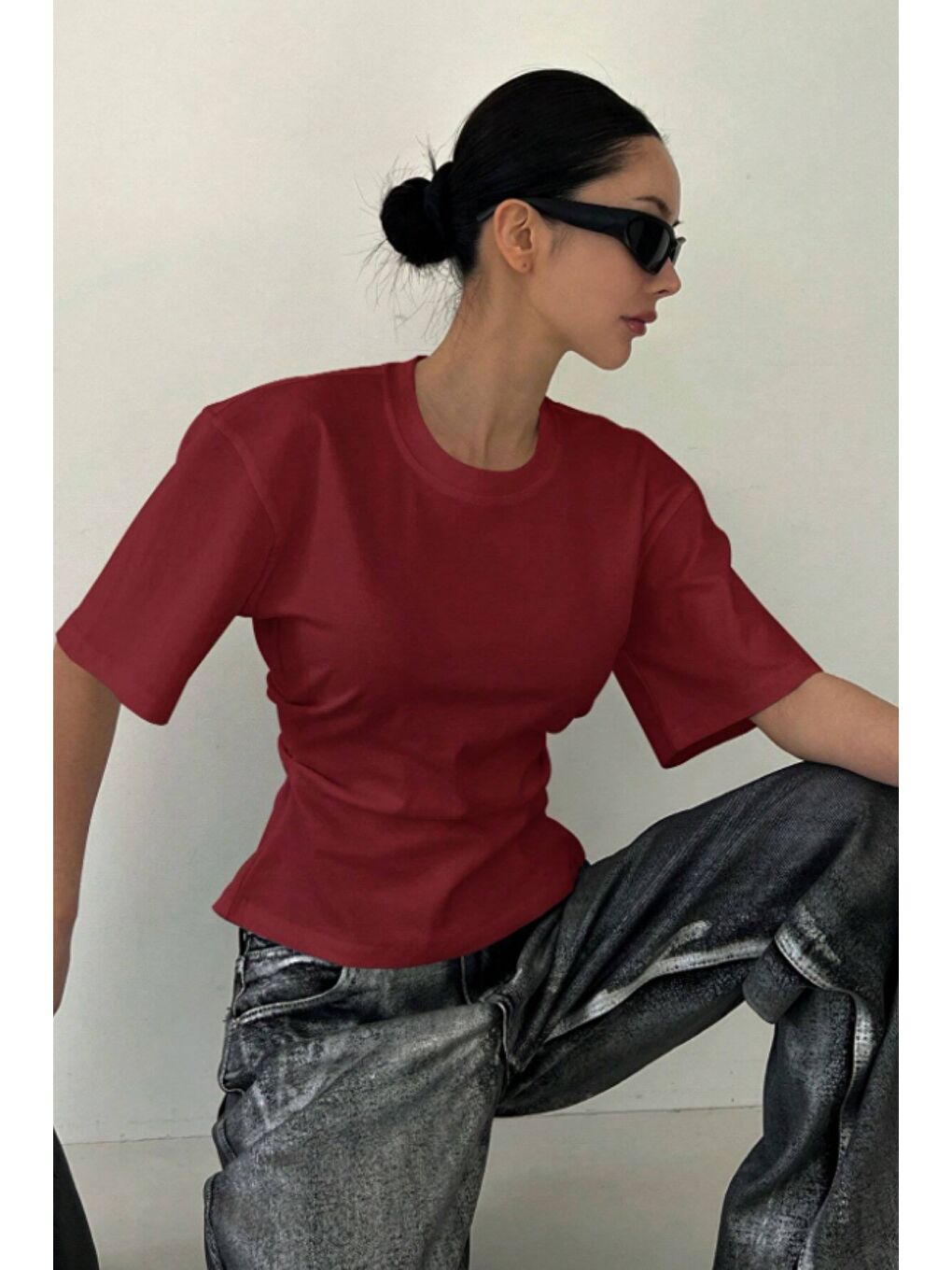 Bordo Kadın Kısa Kollu Sırt Dekolteli Slim Fit Bluz/T-Shirt-3