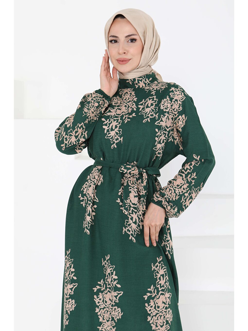 Yeşil Kuşaklı Desenli Elbise Zümrüt - 27191-1