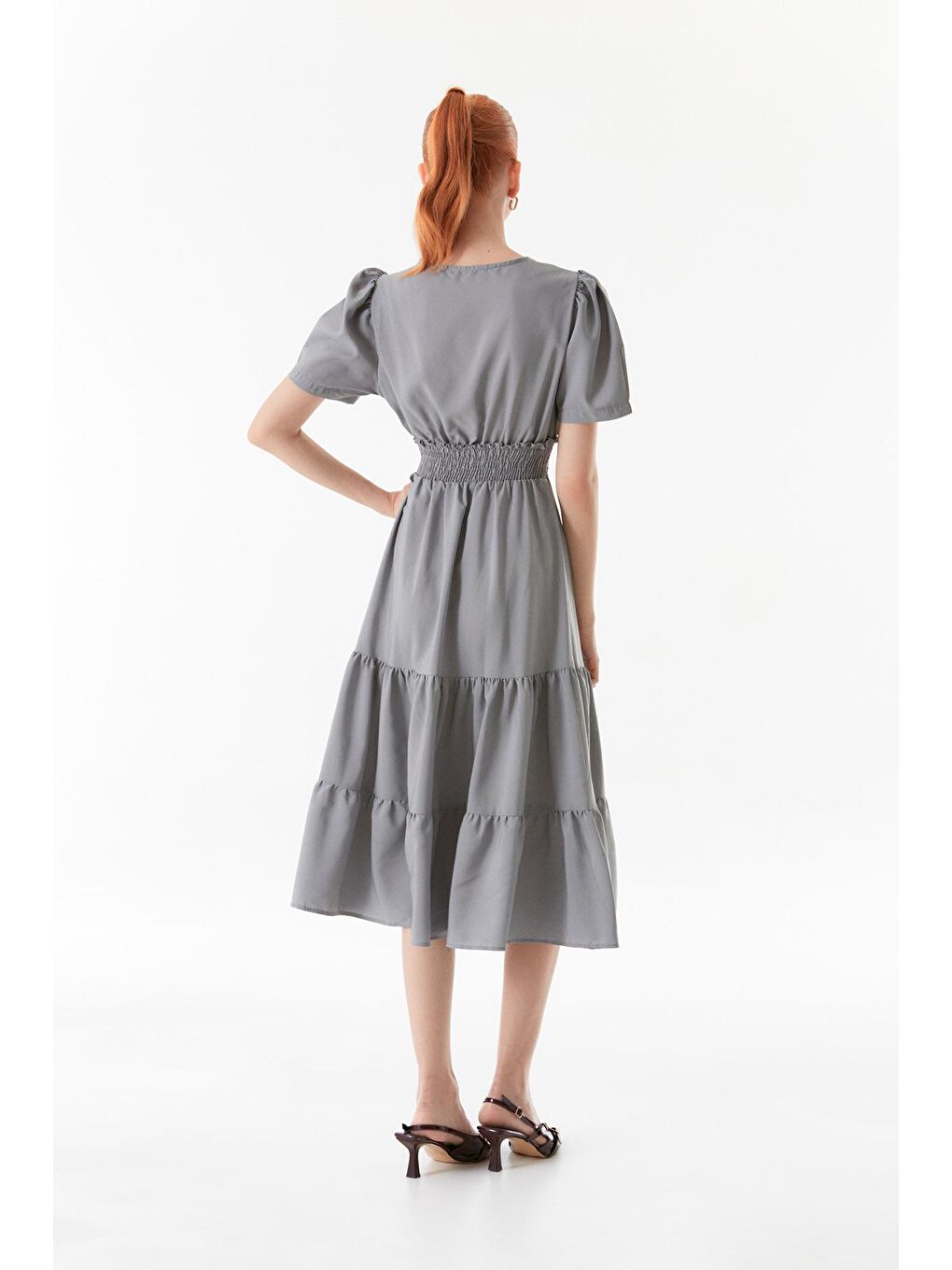 Gri Kruvaze Yaka Beli Lastikli Elbise-3