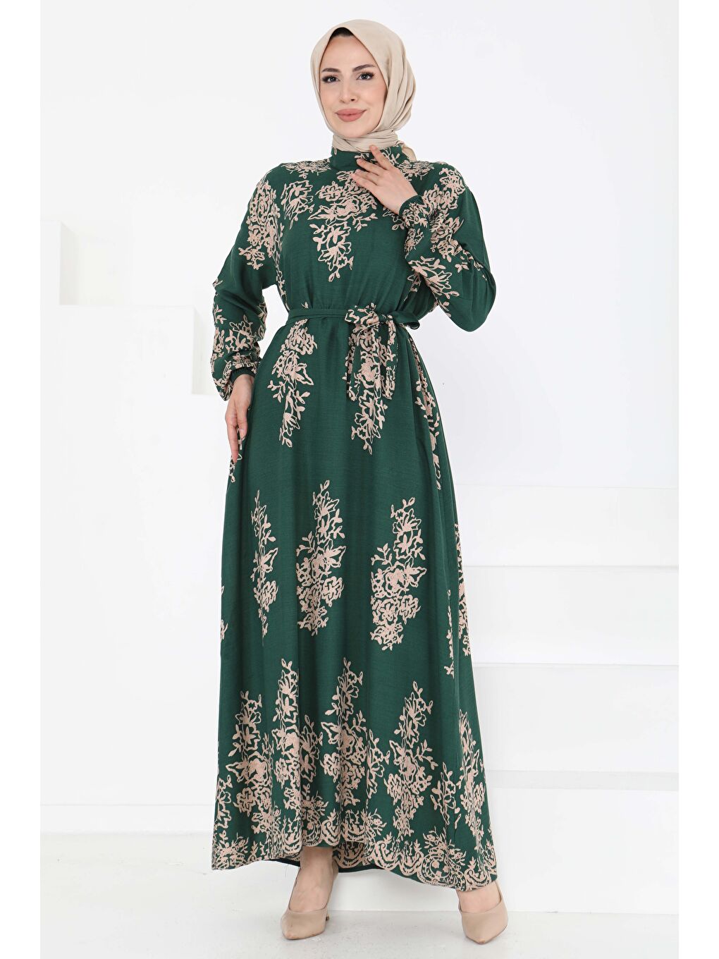 Yeşil Kuşaklı Desenli Elbise Zümrüt - 27191-2