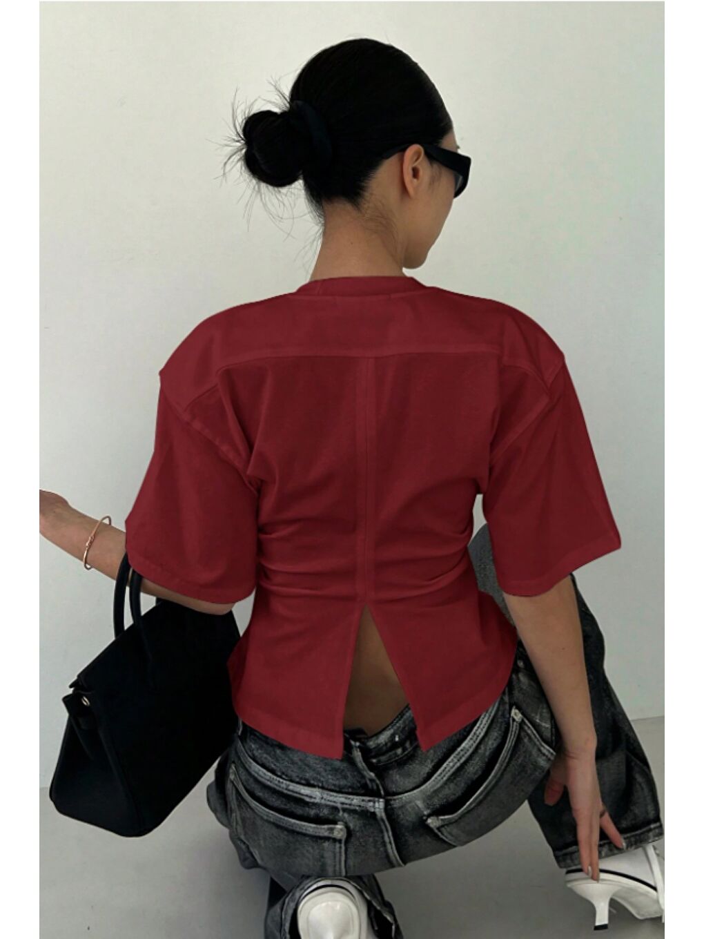 Bordo Kadın Kısa Kollu Sırt Dekolteli Slim Fit Bluz/T-Shirt-4