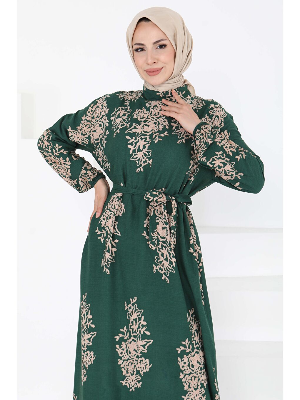 Yeşil Kuşaklı Desenli Elbise Zümrüt - 27191-3