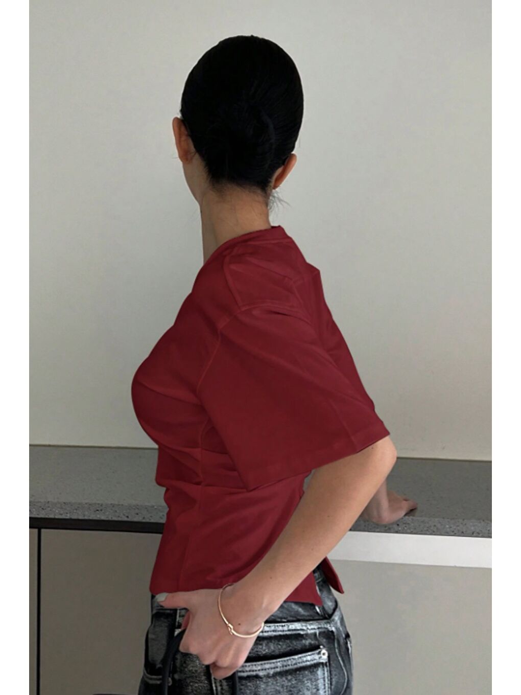 Bordo Kadın Kısa Kollu Sırt Dekolteli Slim Fit Bluz/T-Shirt-5