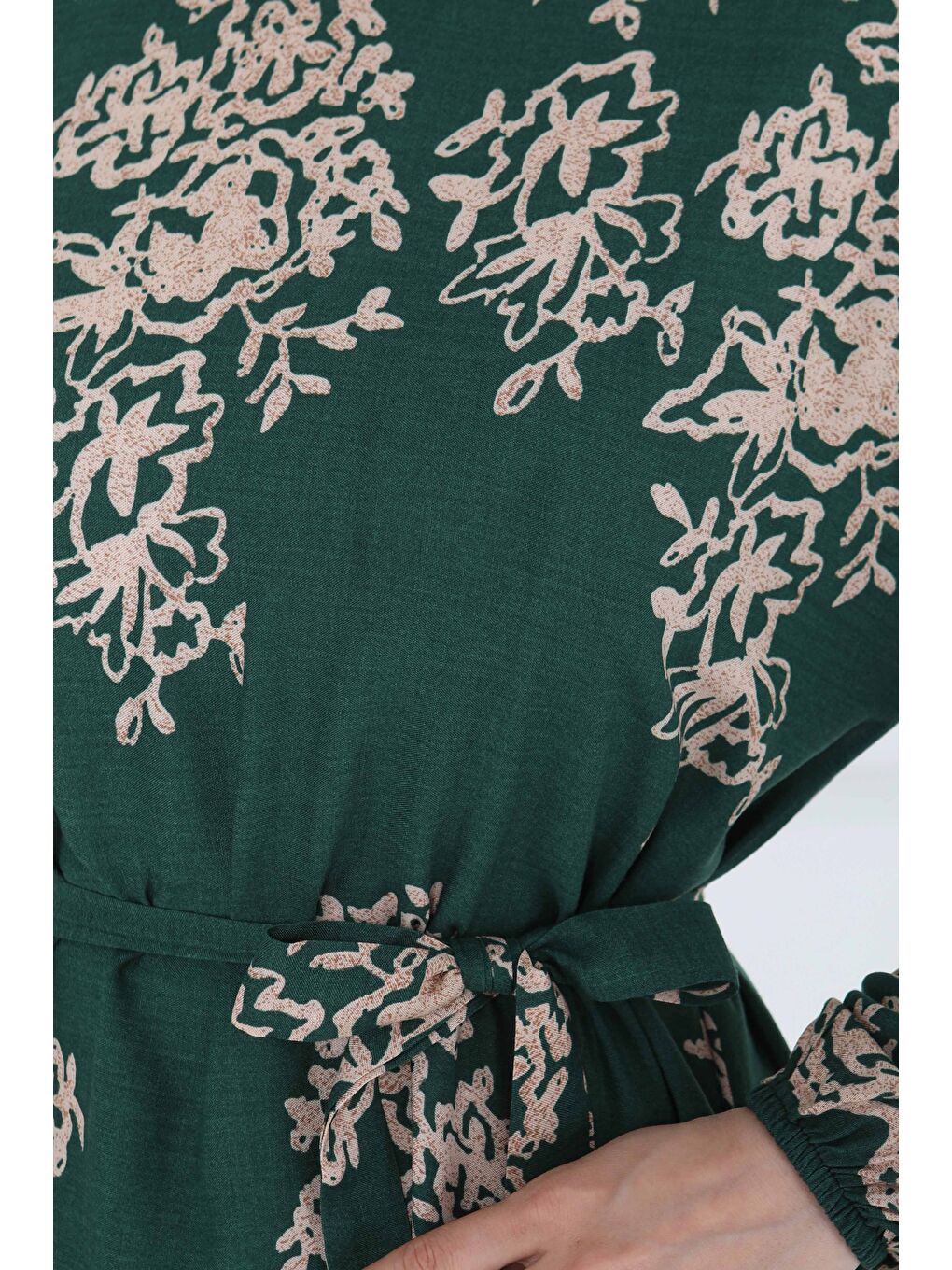 Yeşil Kuşaklı Desenli Elbise Zümrüt - 27191-4