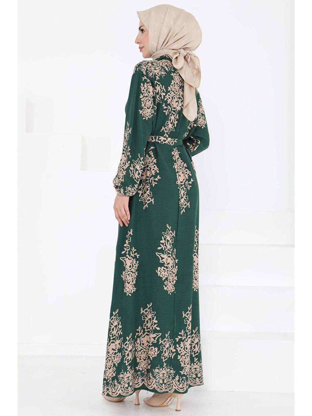 Yeşil Kuşaklı Desenli Elbise Zümrüt - 27191-5