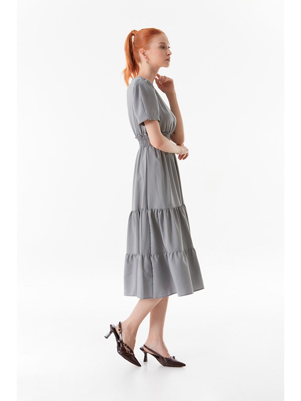 Gri Kruvaze Yaka Beli Lastikli Elbise-4