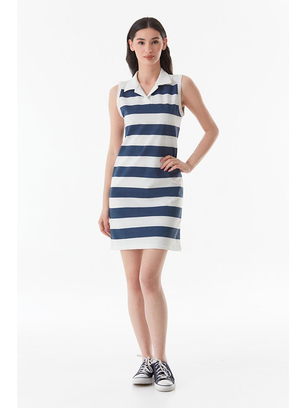 Lacivert Çizgili Gömlek Yaka  Elbise