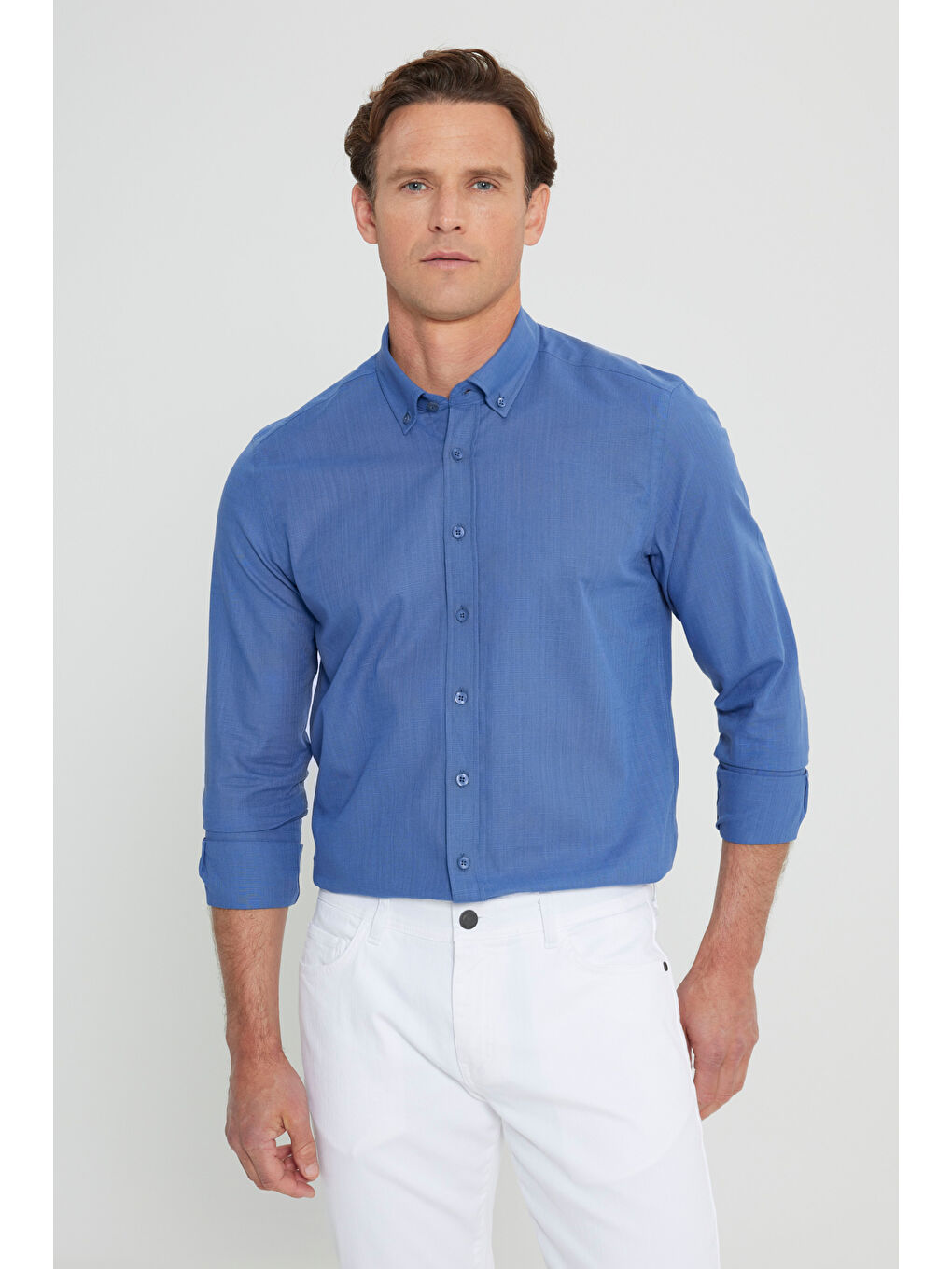 Erkek İndigo %100 Pamuk Oxford Slim Fit Dar Kesim Düğmeli Yaka Flamlı Gömlek