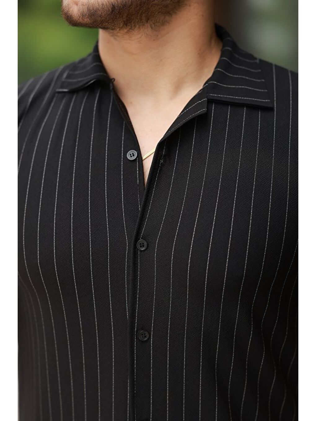 Siyah Erkek Kısa Kollu çizgili Gömlek-2