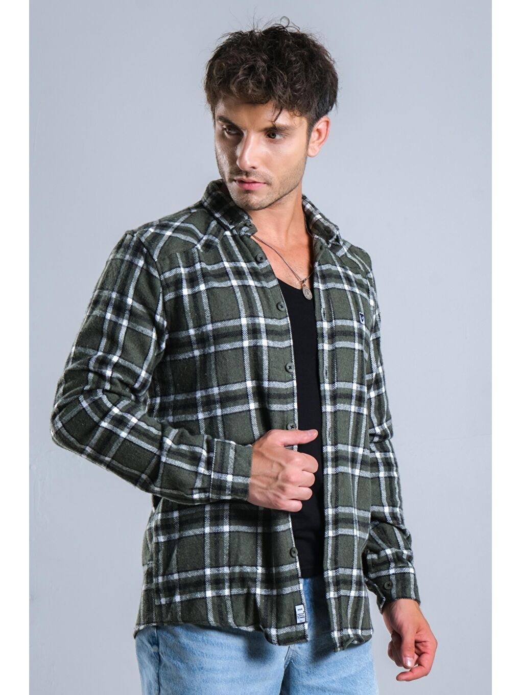 Haki Kareli Kışlık Erkek Oduncu Gömlek MAR 4161-2