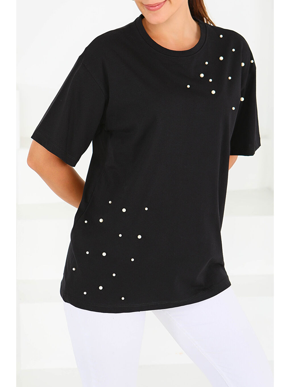 İncili Kısa Kollu T-Şhirt Siyah - 27543-1