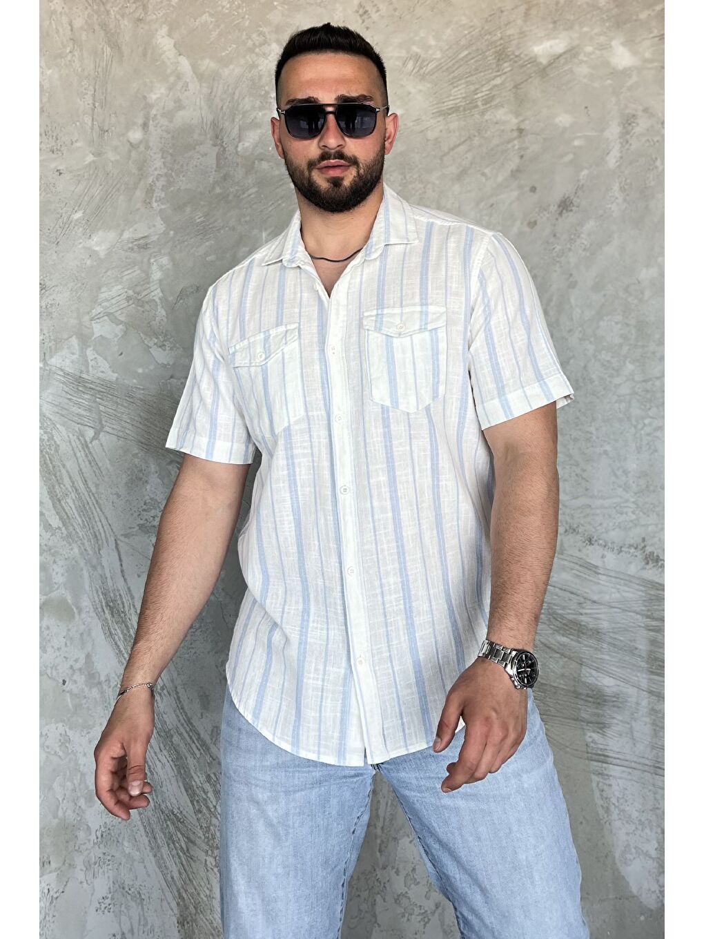 Mavi Erkek Çift Cepli Çizgili Kısa Kol Gömlek-1