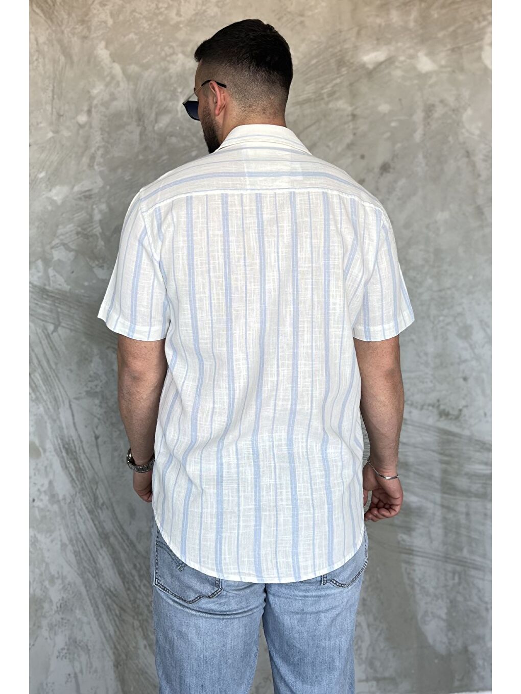 Mavi Erkek Çift Cepli Çizgili Kısa Kol Gömlek-2