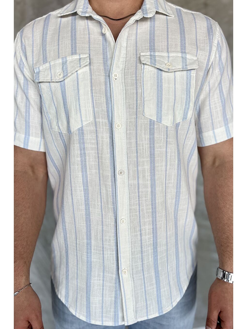 Mavi Erkek Çift Cepli Çizgili Kısa Kol Gömlek-3
