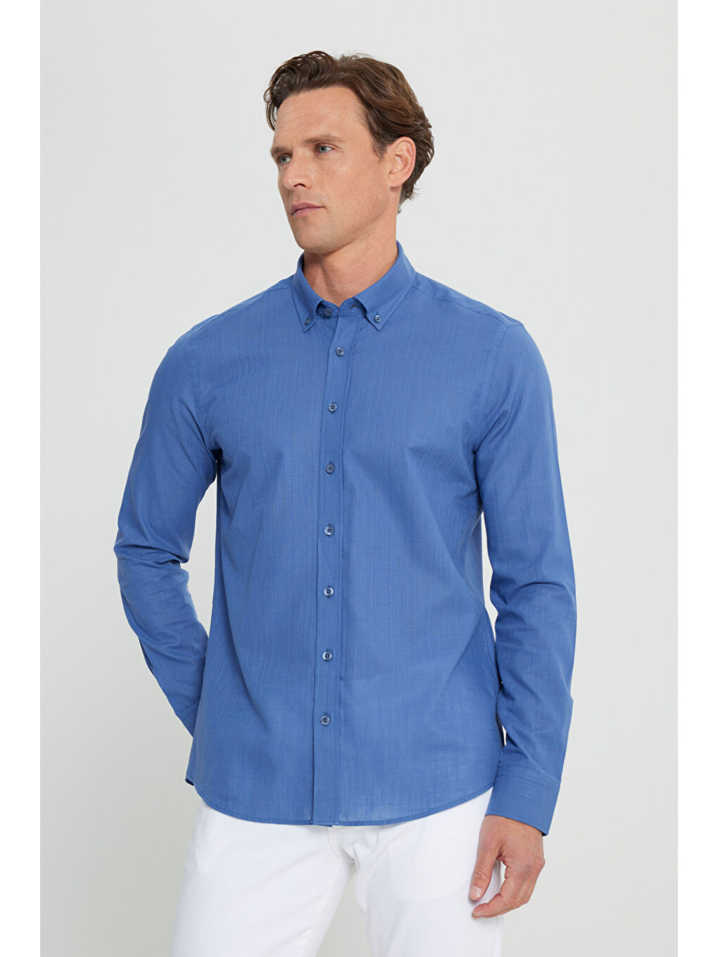 Erkek İndigo %100 Pamuk Oxford Slim Fit Dar Kesim Düğmeli Yaka Flamlı Gömlek-2